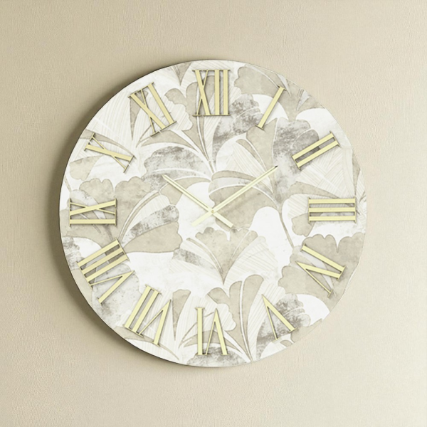 Orologio rotondo D40 cm in legno rivestito con parato e dettagli Oro JOSE