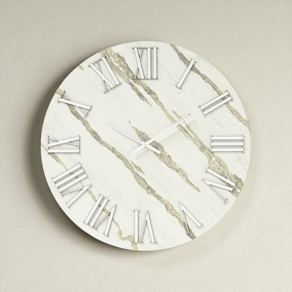 Orologio rotondo D40 cm RYAN in legno rivestito con parato e dettagli Argento