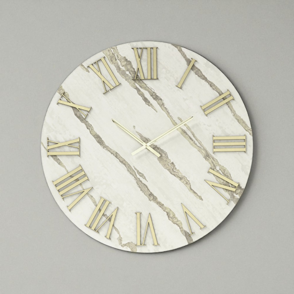 Orologio rotondo D40 cm RYAN in legno rivestito con parato e dettagli Oro