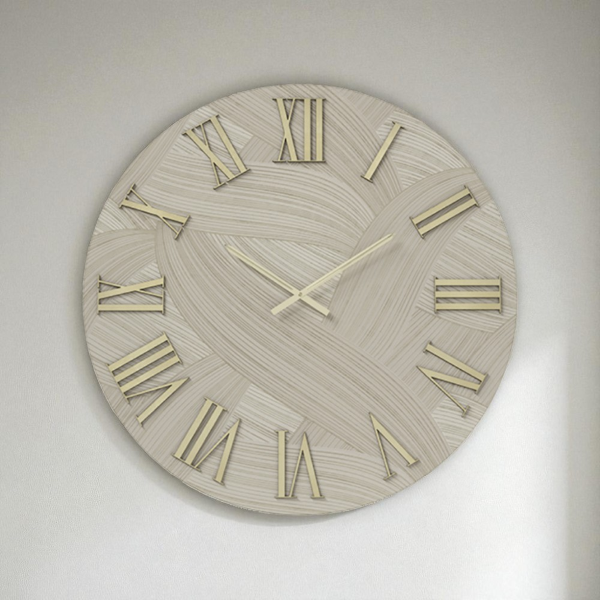 Orologio rotondo D60 cm in legno rivestito con parato e dettagli Oro ADAK