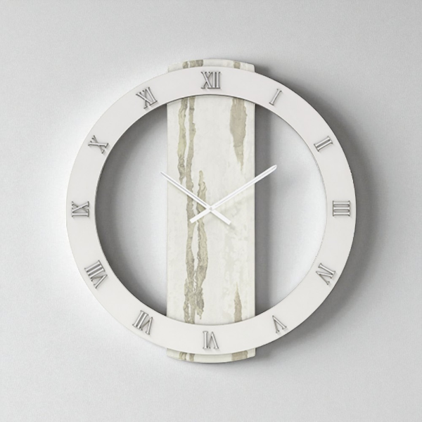 Orologio rotondo D80 cm in legno rivestito con parato e dettagli Argento TYLER