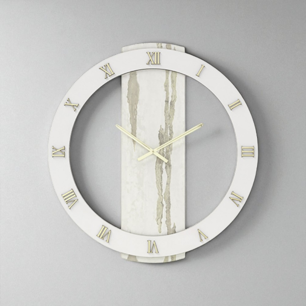 Orologio rotondo D80 cm in legno rivestito con parato e dettagli Oro TYLER