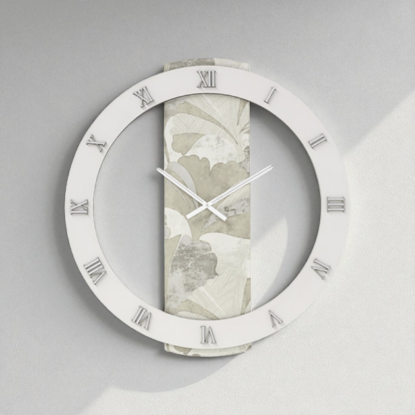 Orologio LARRY rotondo D80 cm in legno rivestito con parato e dettagli Argento