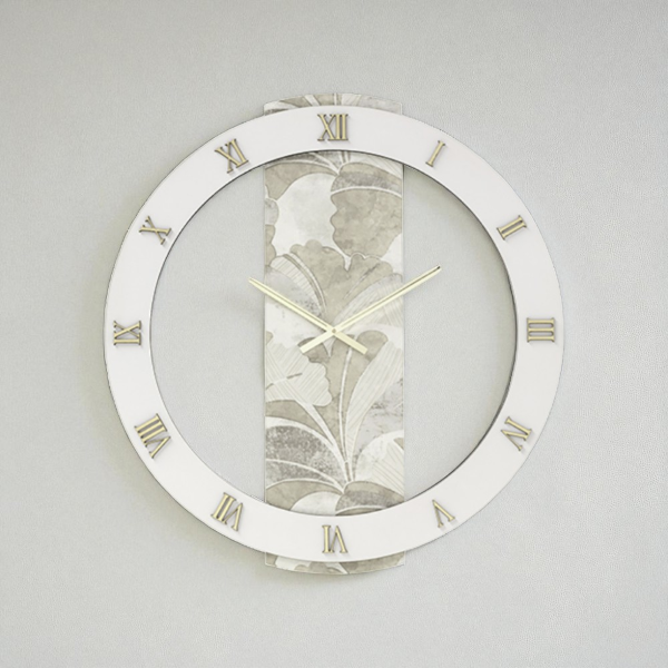 Orologio LARRY rotondo D80 cm in legno rivestito con parato e dettagli Oro