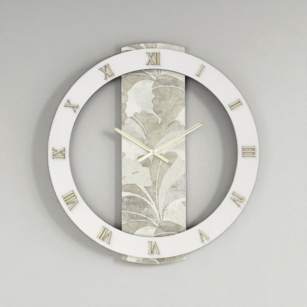 Orologio LARRY rotondo D60 cm in legno rivestito con parato e dettagli Oro