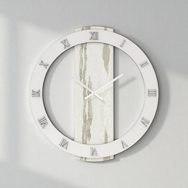 Orologio rotondo D60 cm in legno rivestito con parato e dettagli Argento TYLER