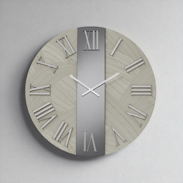 Orologio rotondo D80 cm BILLY in legno rivestito con parato e vetro Fumè 