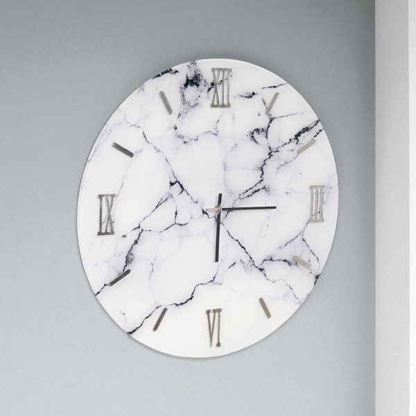 Horloge ronde D65 cm en verre trempé effet marbre blanc - LICOY