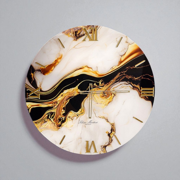 D60cm Tempered Glass Wall Clock with Gold Marble Effect Print - BRYT