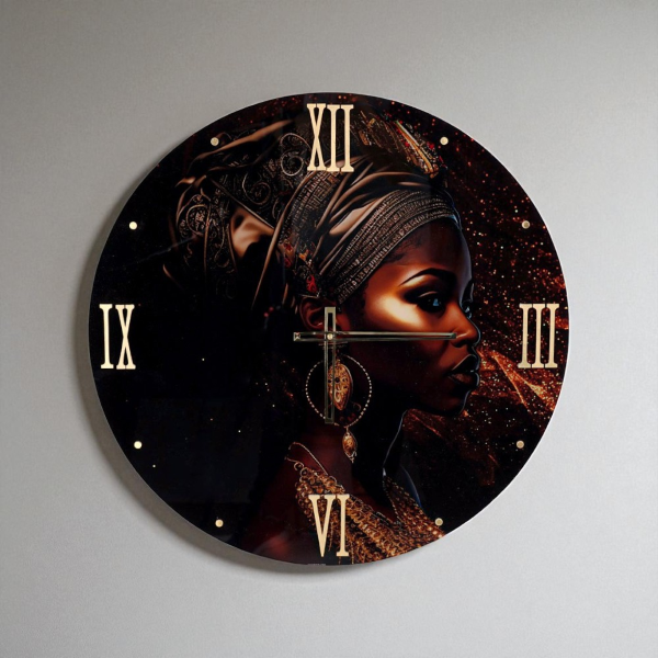 Horloge murale ronde D65 cm en verre trempé avec portrait afro
