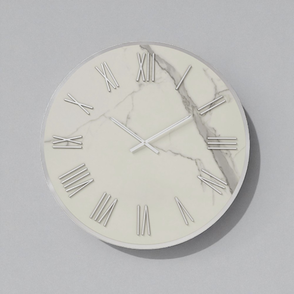 Round clock D40 cm ANSEL in White kerlite with Silver details