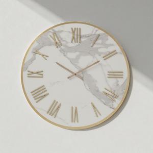 Runde Uhr D40 cm ANSEL aus weißem Kerlit mit Kupferdetails