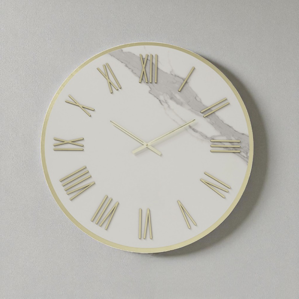 Orologio rotondo D40 cm ANSEL in kerlite Bianco con dettagli Oro