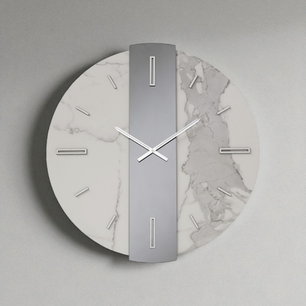 Orologio rotondo D80 cm WAYLEN in kerlite Bianco vetro Fumè dettagli Argento