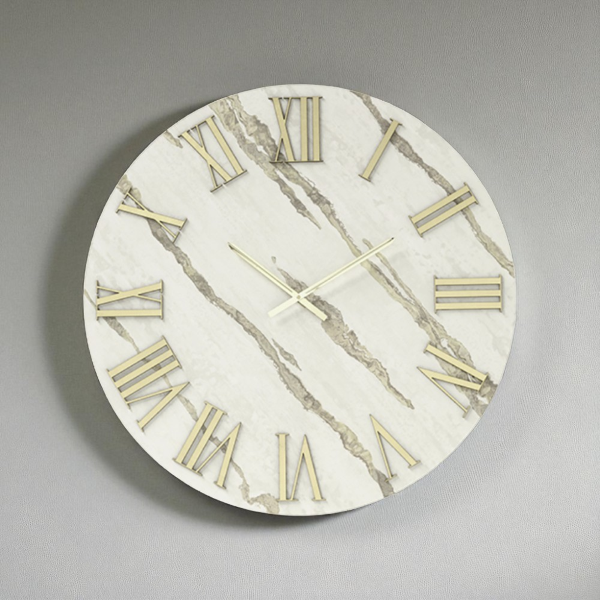 Orologio rotondo D60 cm RYAN in legno rivestito con parato e dettagli Oro