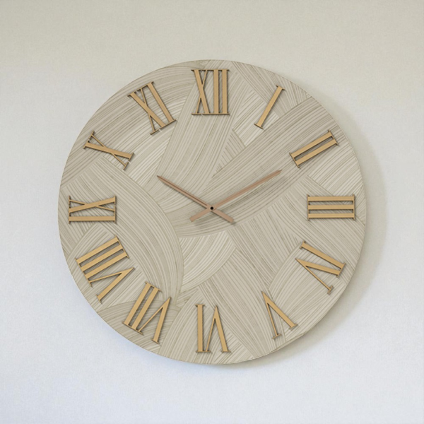 Orologio rotondo D60 cm in legno rivestito con parato e dettagli Rame ADAK