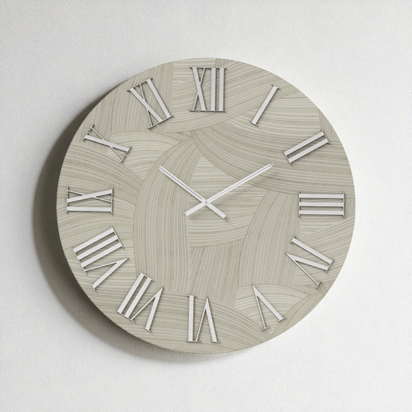 Orologio rotondo D60 cm in legno rivestito con parato e dettagli Argento ADAK