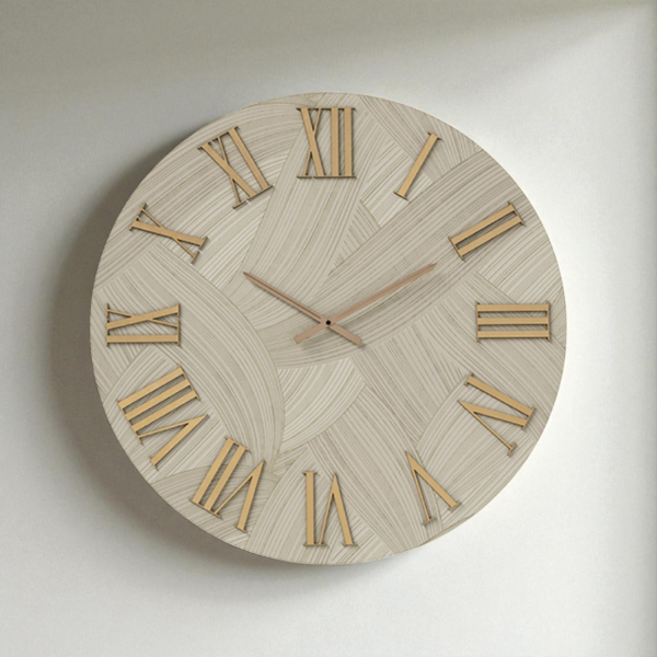 Orologio rotondo D40 cm in legno rivestito con parato e dettagli Rame ADAK