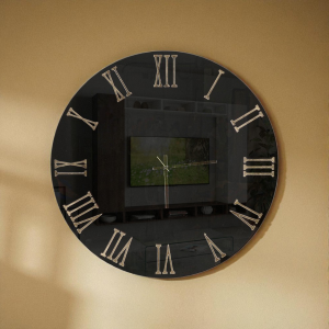 LUX D65 cm runde Wanduhr mit Spiegel und bernsteinfarbenen Ziffern