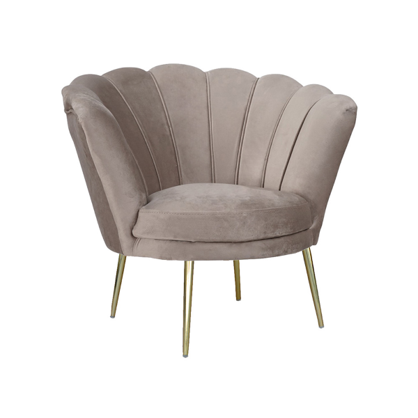 Fauteuil en velours gris tourterelle - modèle coquillage et pieds en métal doré