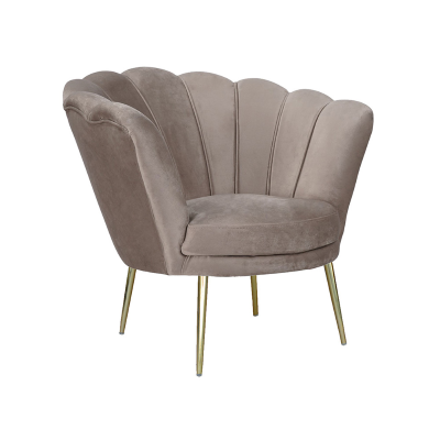 Fauteuil en velours gris tourterelle - modèle coquillage et pieds en métal doré
