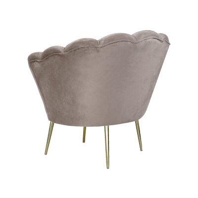 Fauteuil en velours gris tourterelle - modèle coquillage et pieds en métal doré
