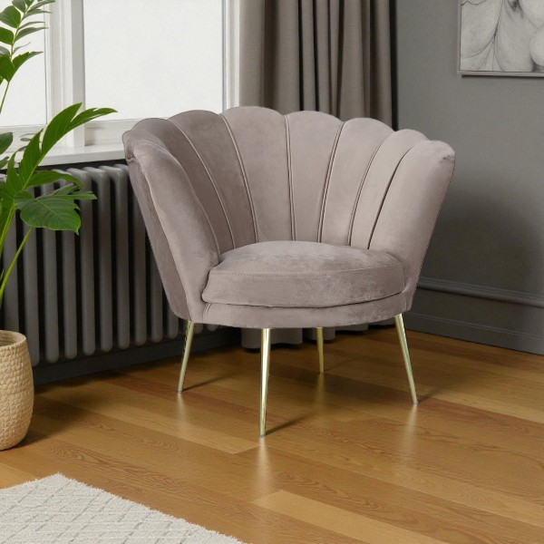 Fauteuil en velours gris tourterelle - modèle coquillage et pieds en métal doré