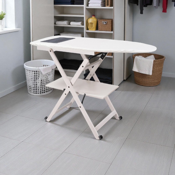 Folding ironing board in white beech wood with wheels - REVI