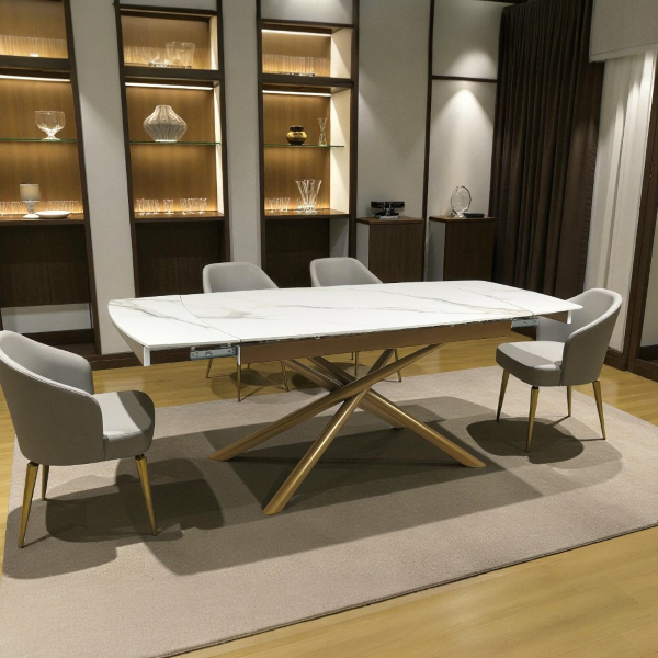 Mesa extensible 140-200x90 cm patas doradas tapa mármol blanco - VERAL