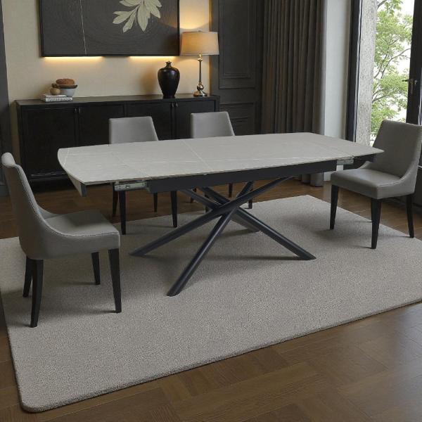 Table extensible 140-200x90 cm plateau marbre gris et pieds noirs - VERAL