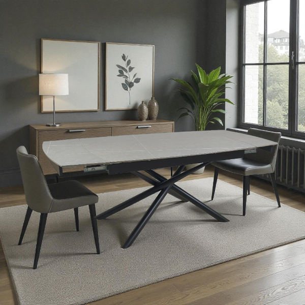 Design-Tisch Veral 160-240x90 cm graue Marmorplatte mit schwarzen Beinen