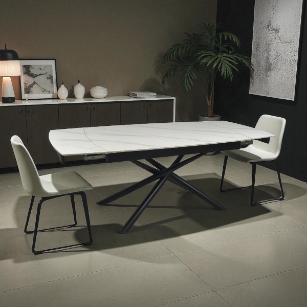 Ausziehbarer Tisch Veral 160-240x90 cm weiße Marmorplatte mit schwarzen Beinen