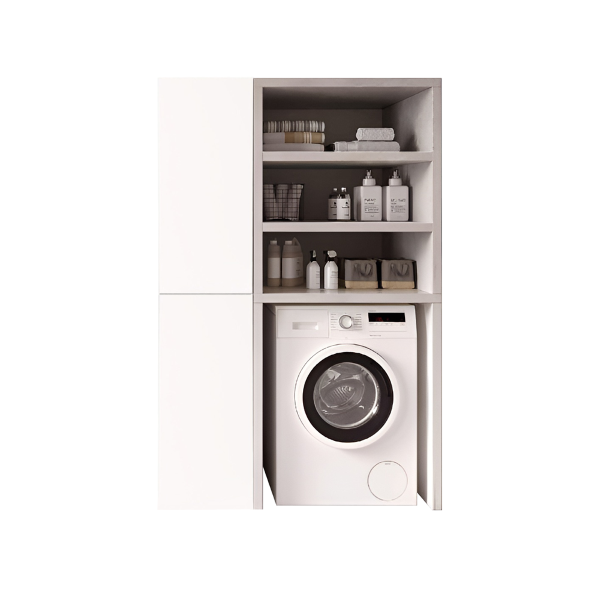 Wooden washing machine cabinet 119x182 cm with column and shelves for laundry Grey/Glossy white