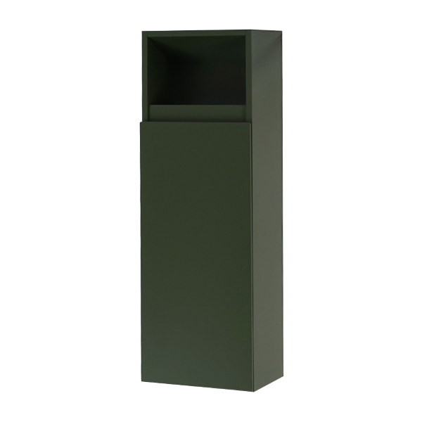 Wall-hung half column with 1 left-opening door and tall open shelf, height 90 cm, matte green.