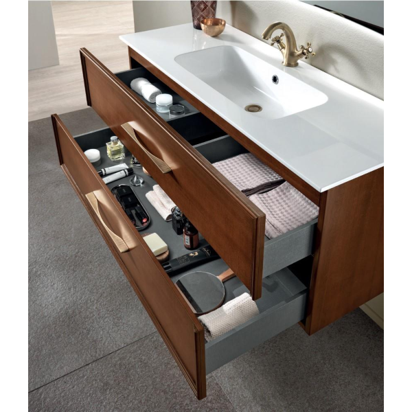 Moderner hängender Badezimmerschrank 120 CLASSIC Sockel mit 2 Schubladen und LIGHT WALNUT Waschbecken