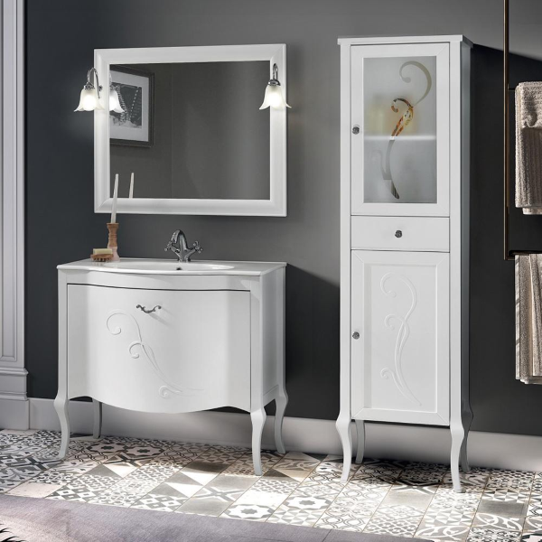 Mueble de baño clásico MARTINA 90 cm - Blanco mate - Cajonera - Lavabo y espejo