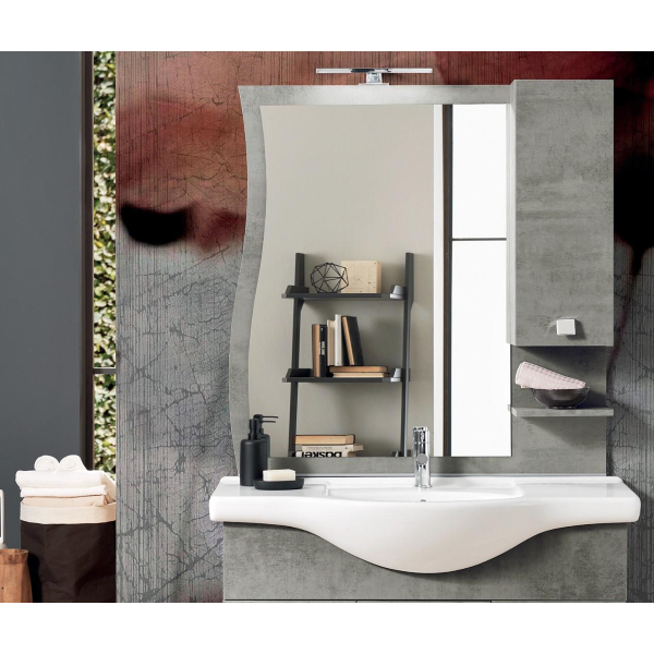 Bathroom mirror with wall unit and ONDA 100 LED light concrete lamp
