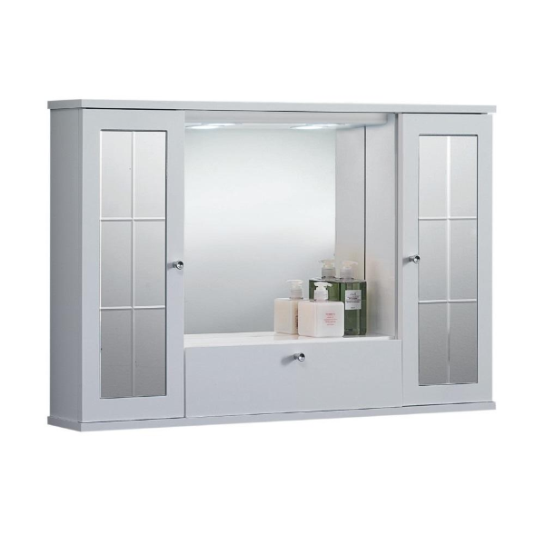 002532 - Specchiera mobile contenitore da bagno MERCURIO 90 bianco lucido a  2 ante con specchi e luce LED 