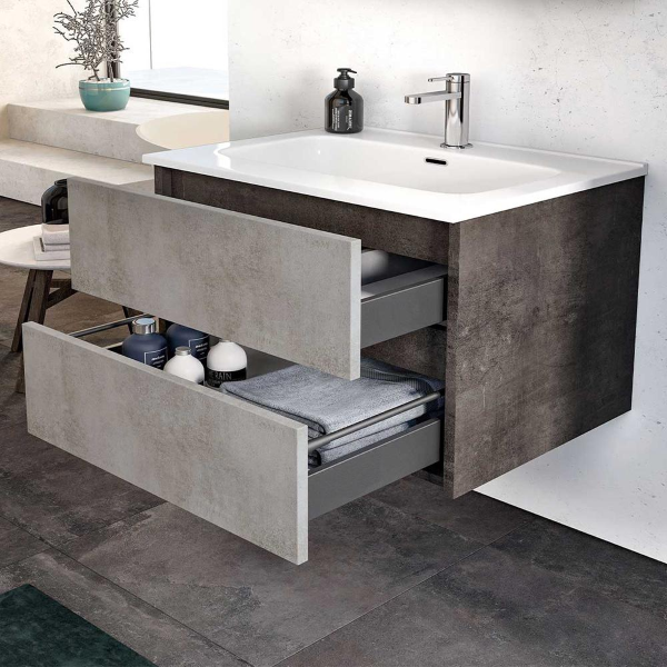 Modern space-saving suspended bathroom cabinet 62 cm with 2 drawers concrete effect