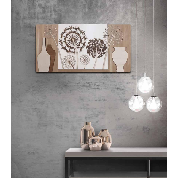 Quadro moderno 59x119 cm legni sovrapposti figura dente di leone