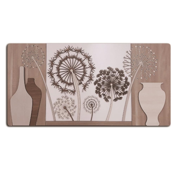 Quadro moderno 59x119 cm legni sovrapposti figura dente di leone