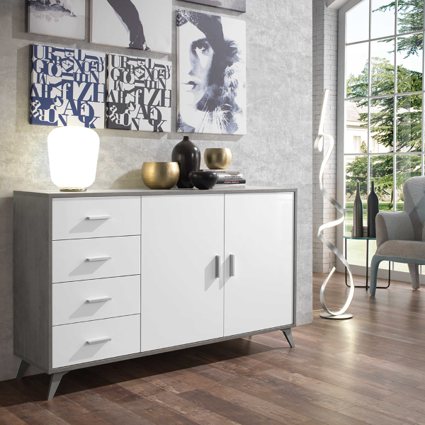 Sideboard with 2 doors and 4 drawers 158 cm in Cemento melamine - ARIEL