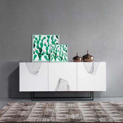 3-door sideboard in 180 cm white wood and marble effect glass - ADEL