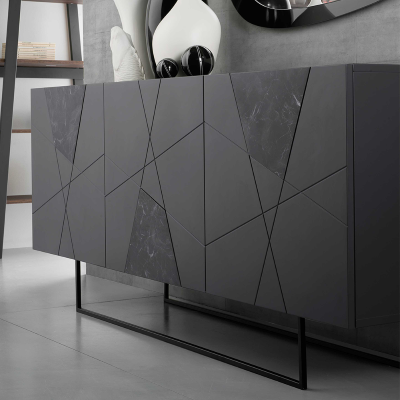 Buffet 3 portes en bois anthracite et verre effet marbre 180 cm - ADEL