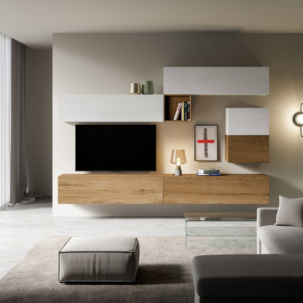 Parete attrezzata in legno sospesa moderna L.308xP.39,5 bianco e quercia A10