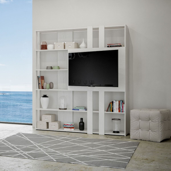 Libreria in legno Bianco Frassino 178x204h cm con pannello TV - KATO L