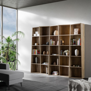 Walnut wooden bookcase 227x200h cm with 5 elements and trapezoidal compartments TREK
