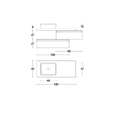 Meuble de salle de bain suspendu avec vasque rectangulaire 120 plateau café en orme et 2 modules blancs