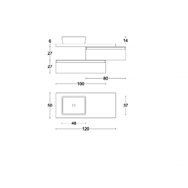 Meuble de salle de bain suspendu avec vasque rectangulaire 120 plateau café en orme et 2 modules blancs