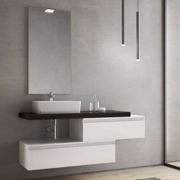 Meuble de salle de bain suspendu avec vasque rectangulaire 120 plateau café en orme et 2 modules blancs
